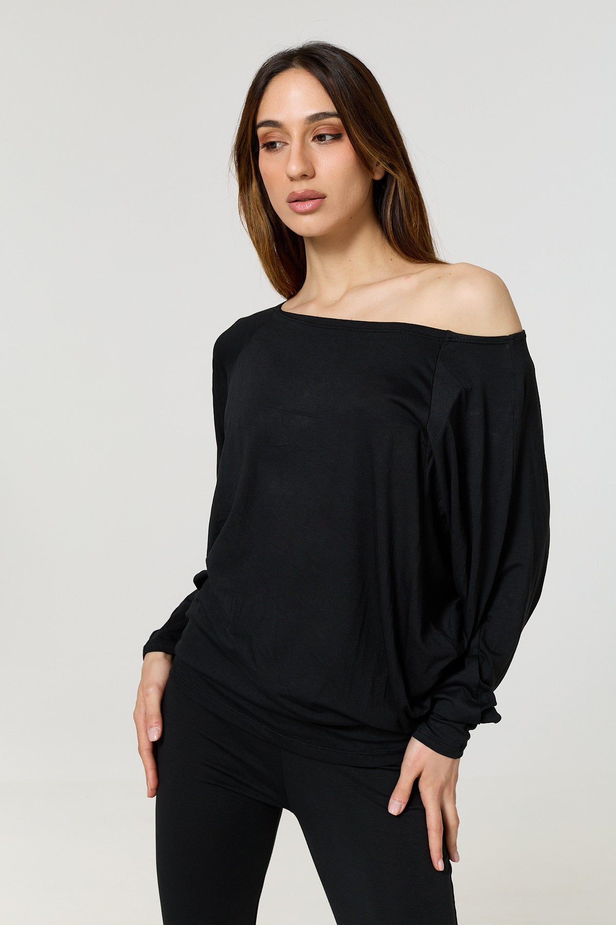 Batwing off the shoulder co-ord in Black
