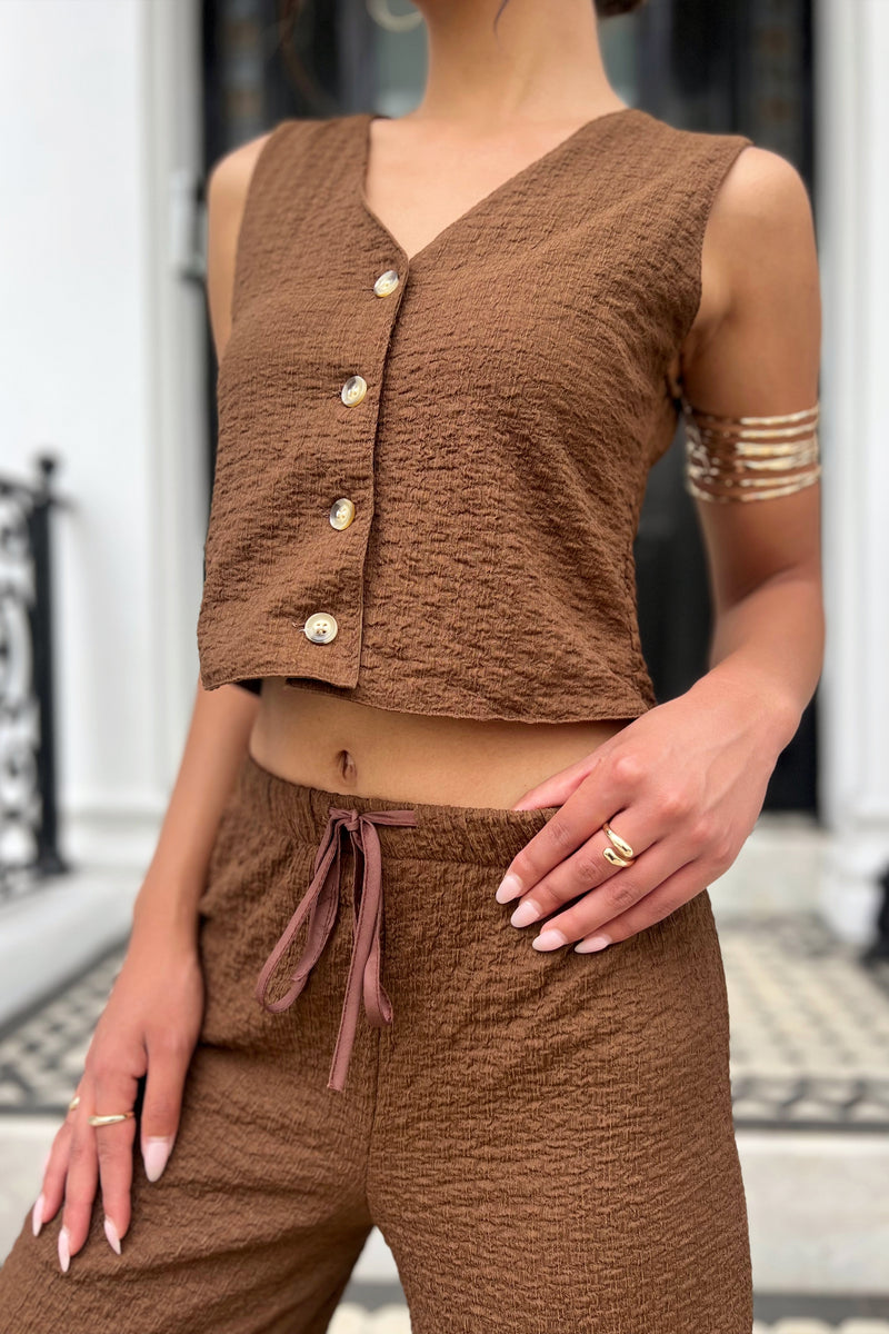 Textured button vest co ord in Brown