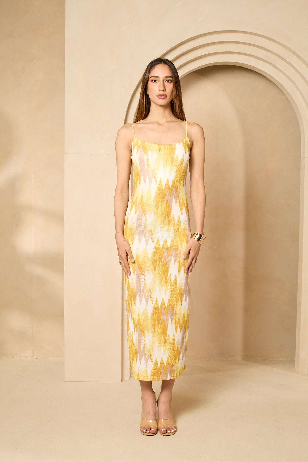 Zig zag printed ribbed dress in Yellow