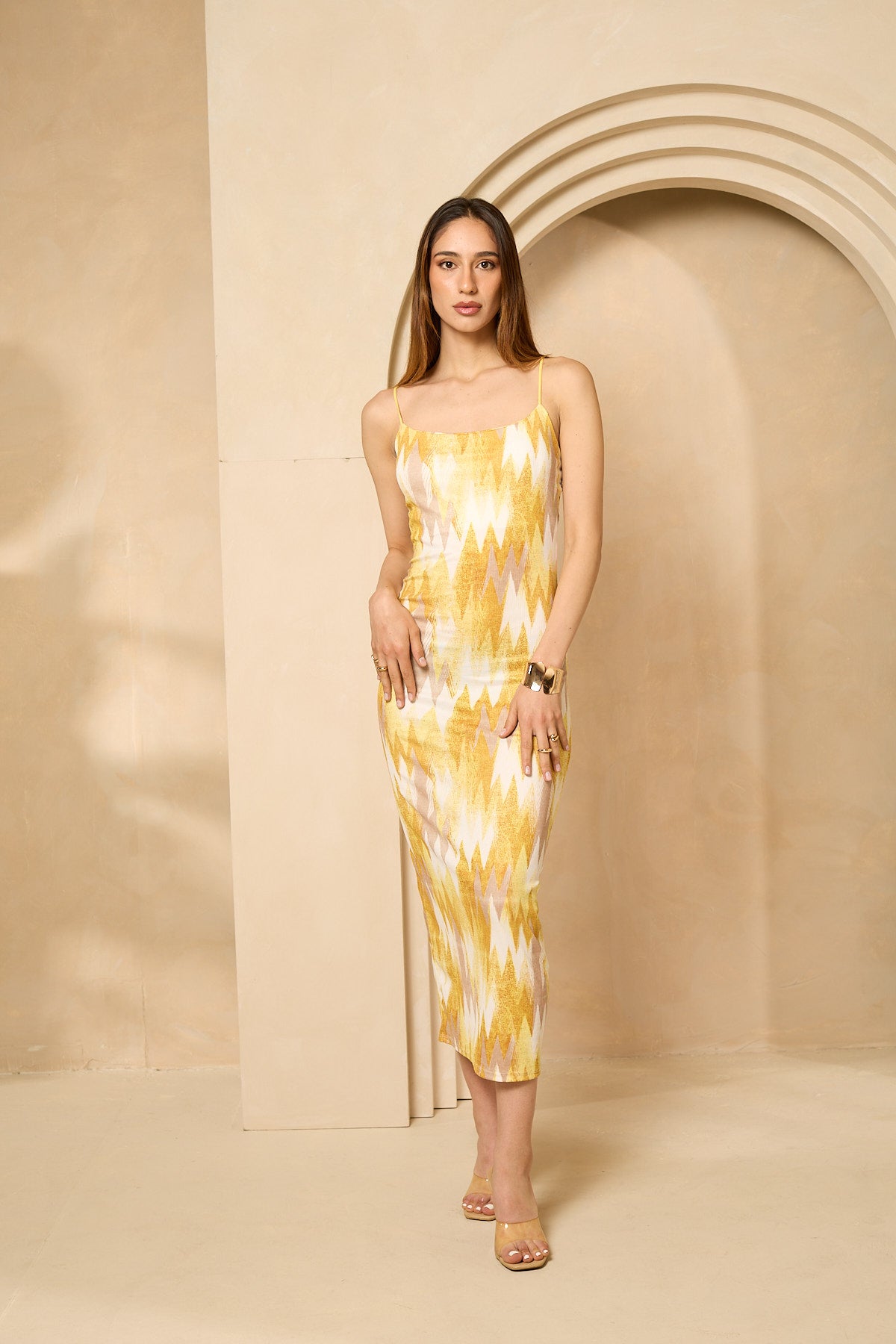 Zig zag printed ribbed dress in Yellow