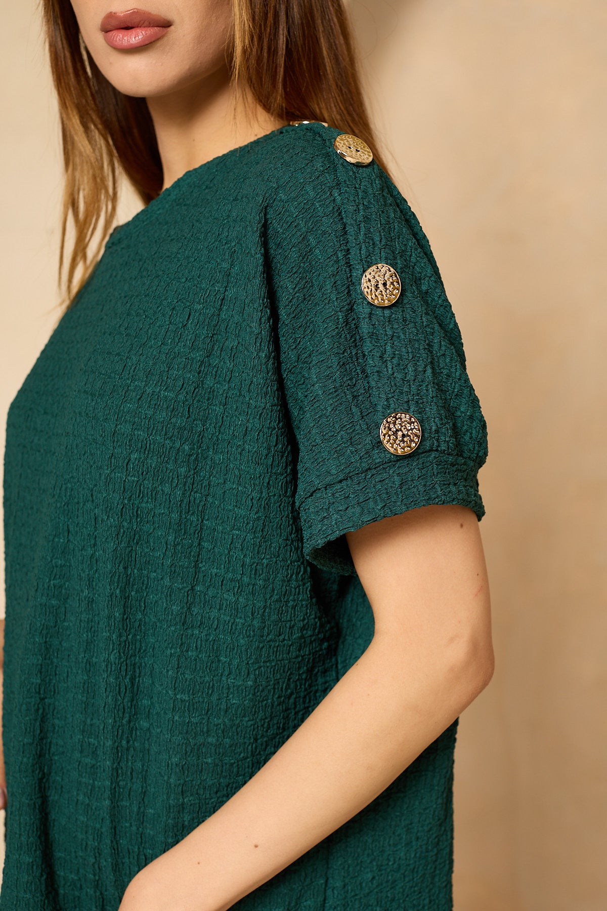 Cheesecloth gold button shoulder short set in Emerald