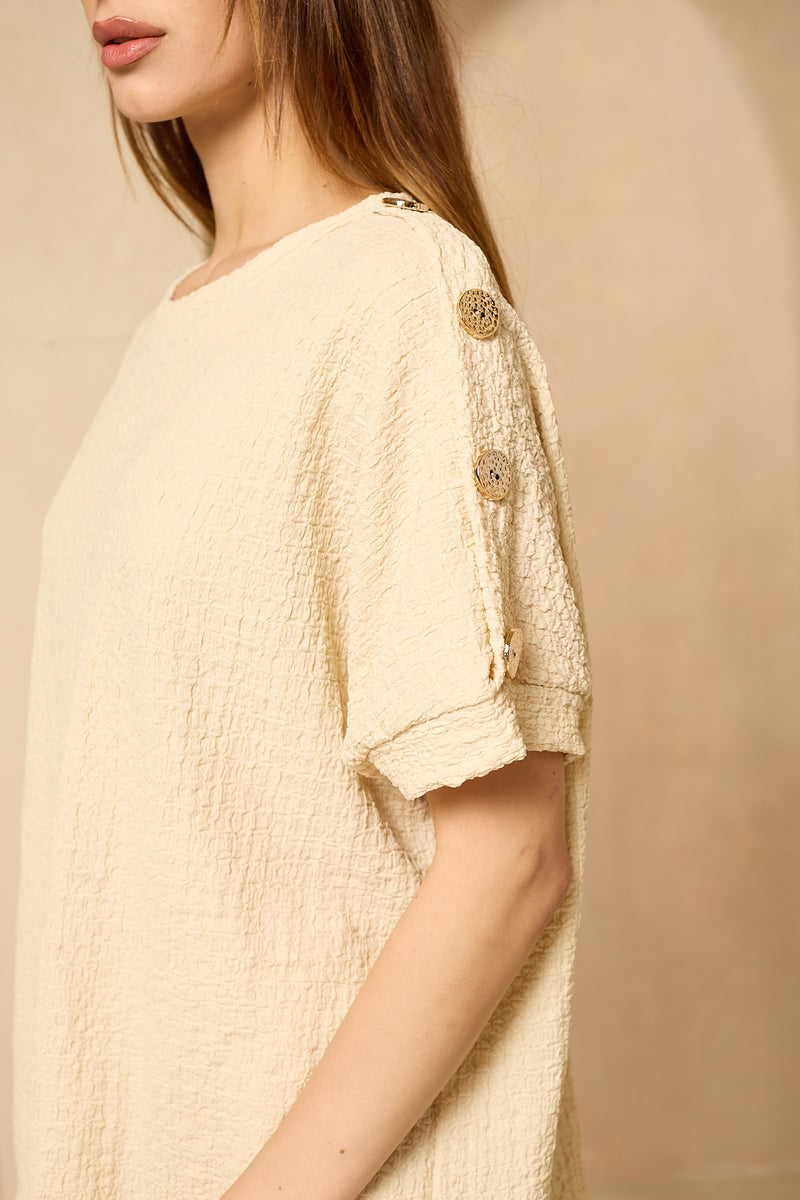 Cheesecloth gold button shoulder short set in Beige