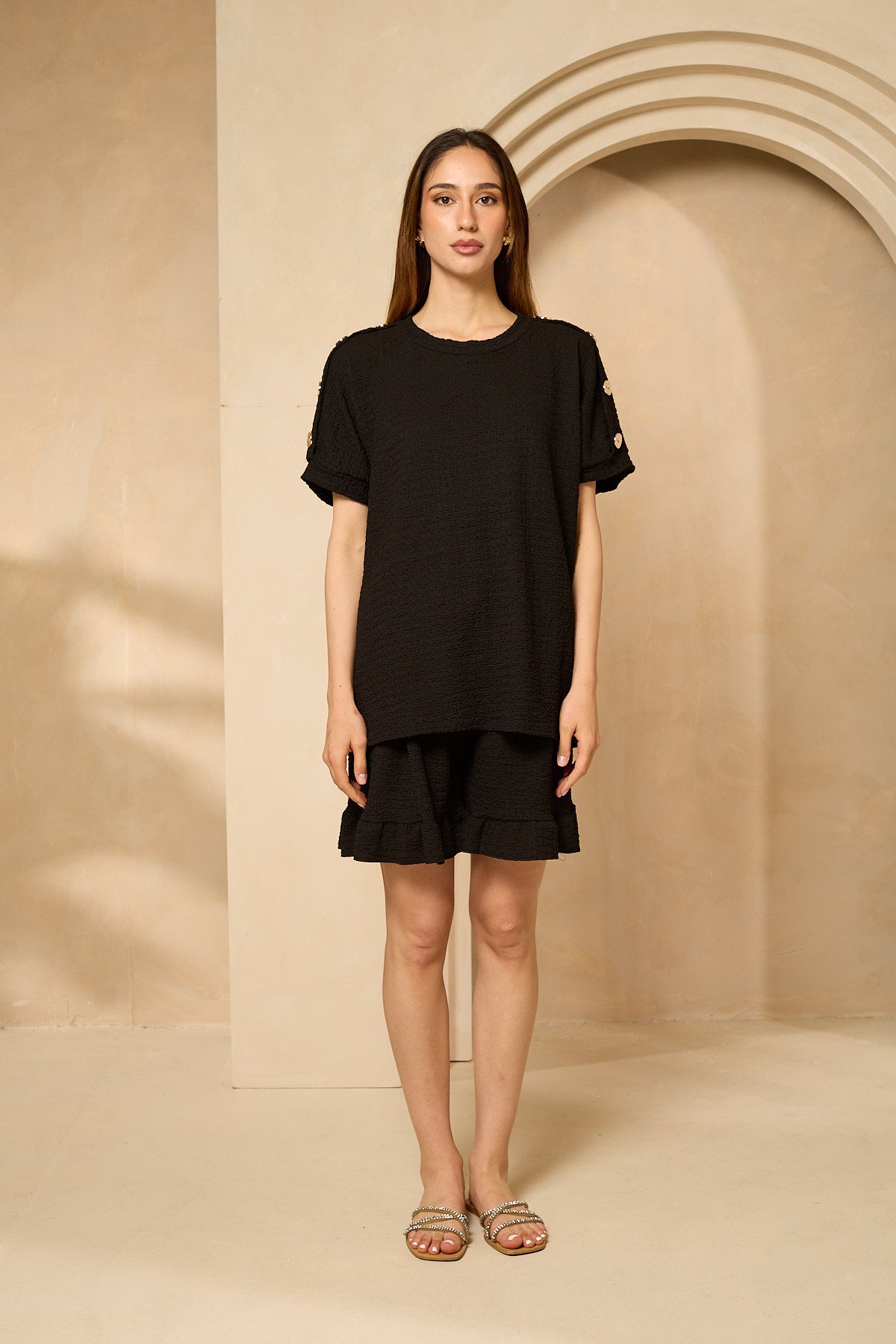 Cheesecloth gold button shoulder short set in Black