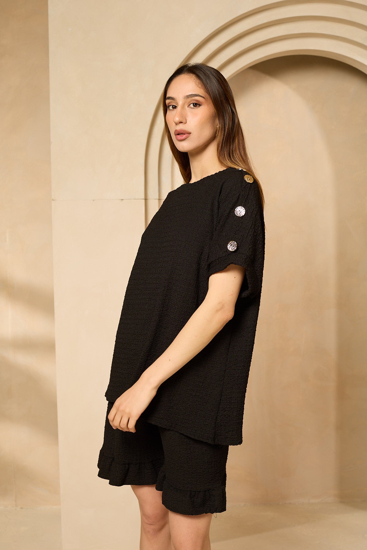 Cheesecloth gold button shoulder short set in Black