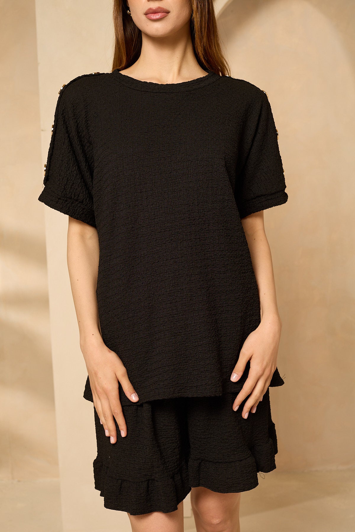 Cheesecloth gold button shoulder short set in Black