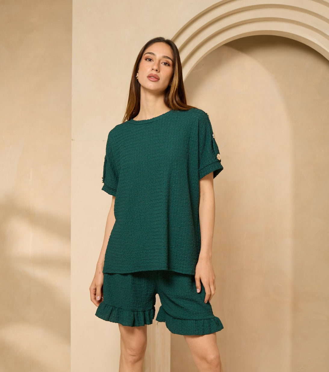 Cheesecloth gold button shoulder short set in Emerald
