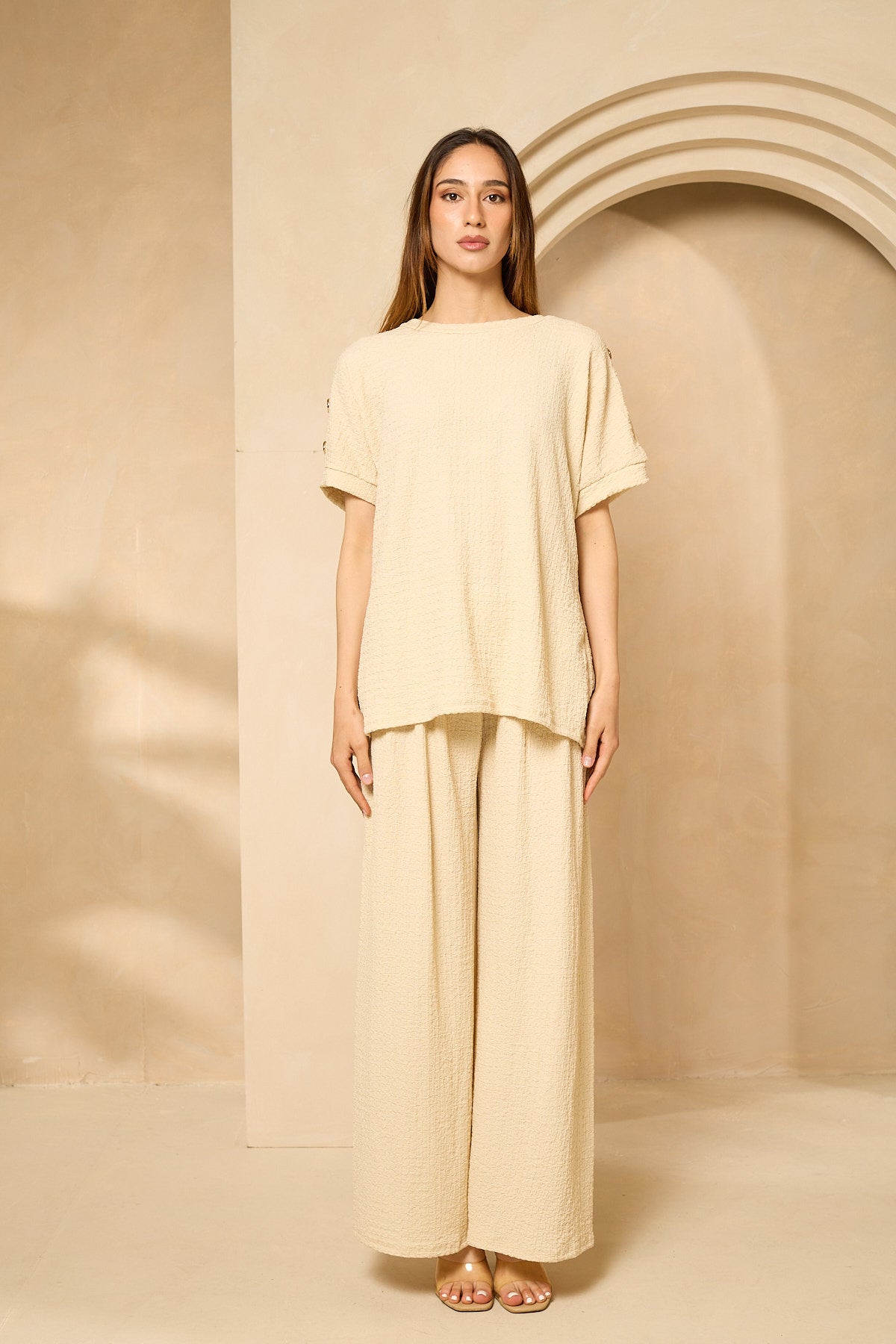 Cheesecloth trouser set with gold button shoulders in Beige