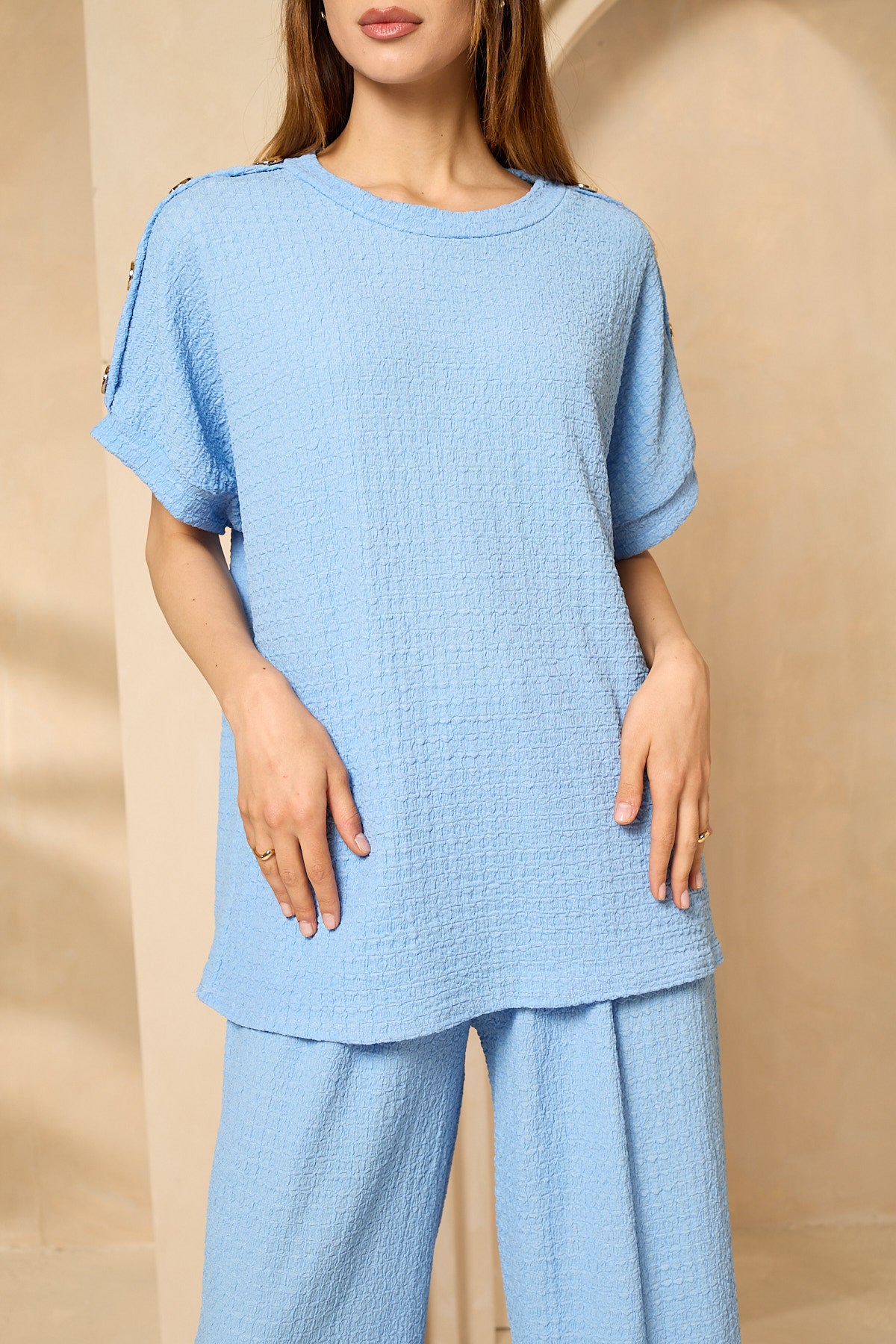 Cheesecloth trouser set with gold button shoulders in Sky