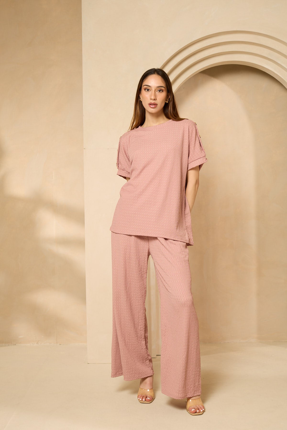 Cheesecloth trouser set with gold button shoulders in Pink