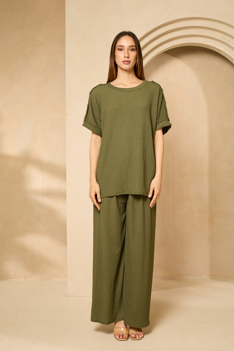 Cheesecloth trouser set with gold button shoulders in Khaki