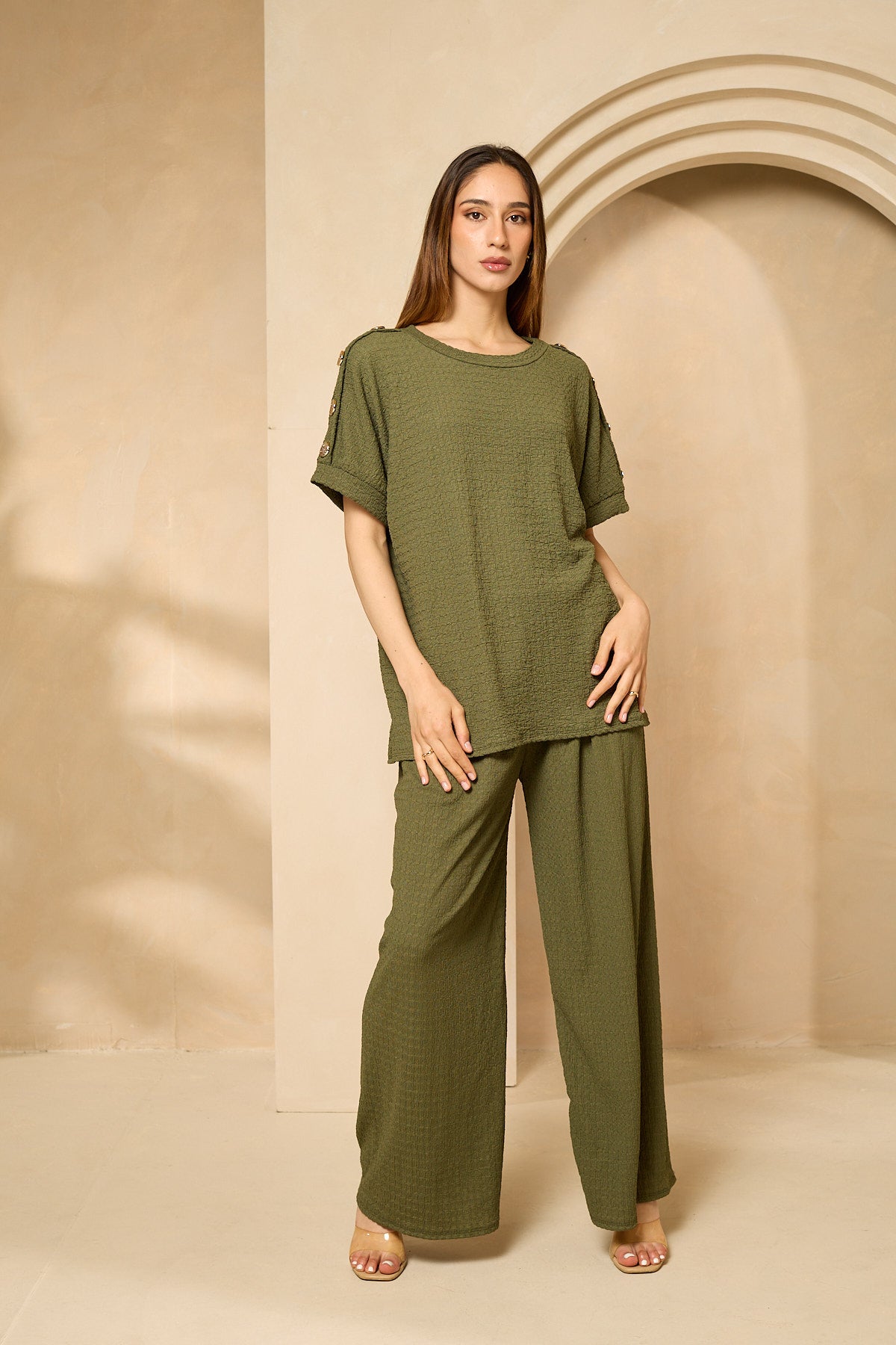 Cheesecloth trouser set with gold button shoulders in Khaki
