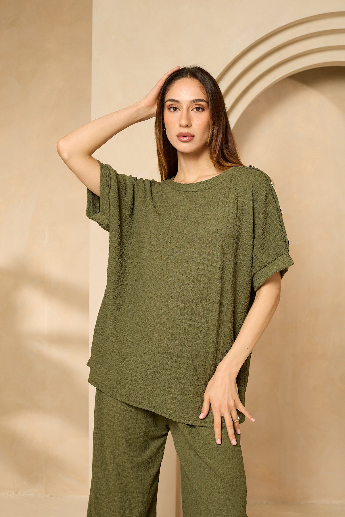 Cheesecloth trouser set with gold button shoulders in Khaki