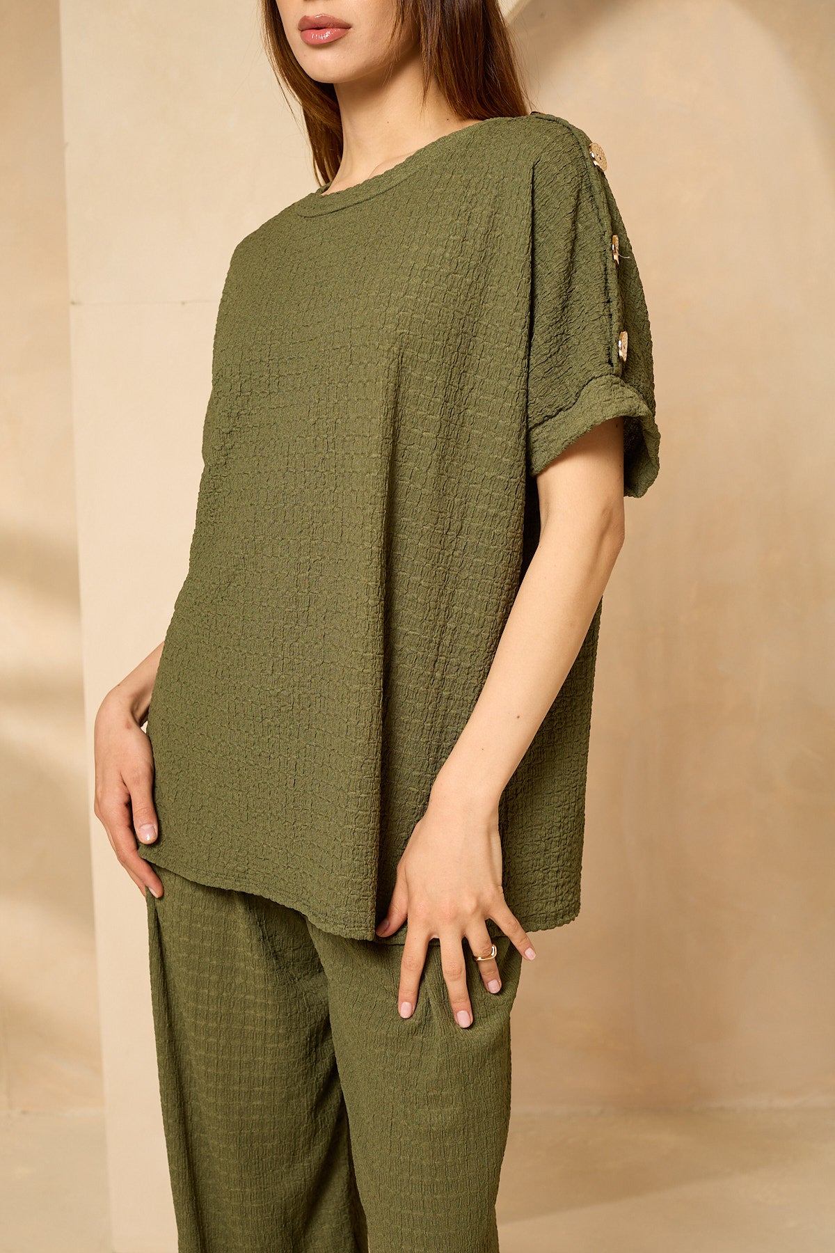 Cheesecloth trouser set with gold button shoulders in Khaki