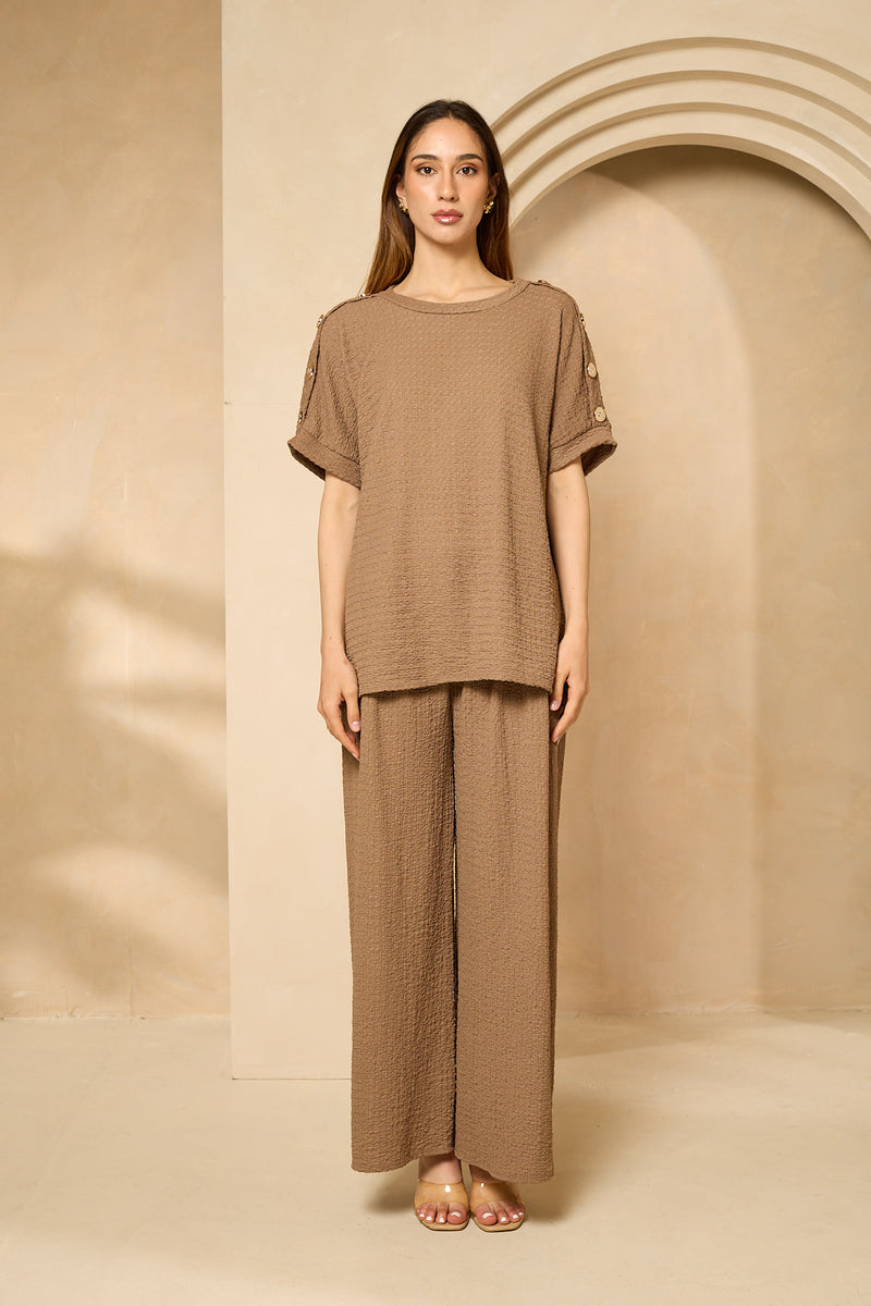 Cheesecloth trouser set with gold button shoulders in Taupe