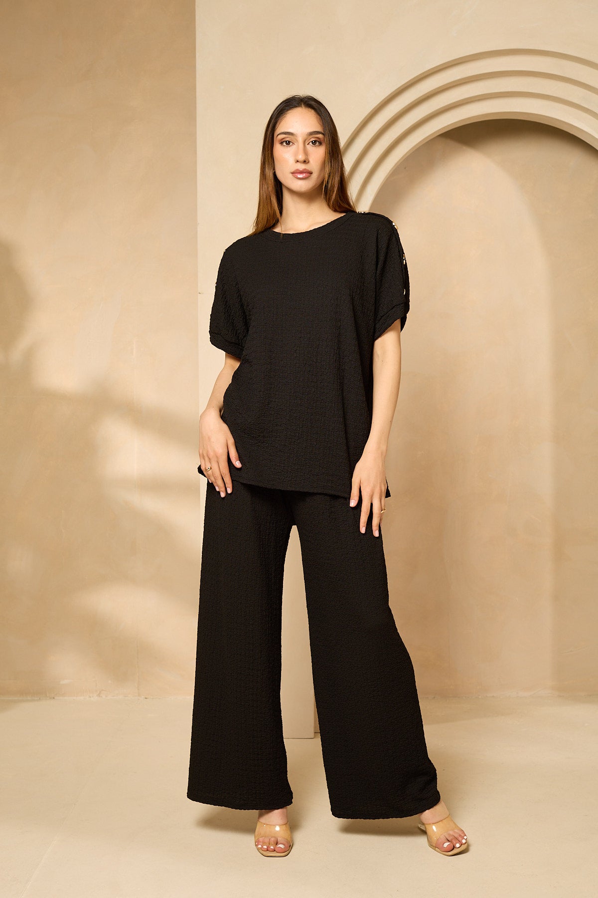 Cheesecloth trouser set with gold button shoulders in Black