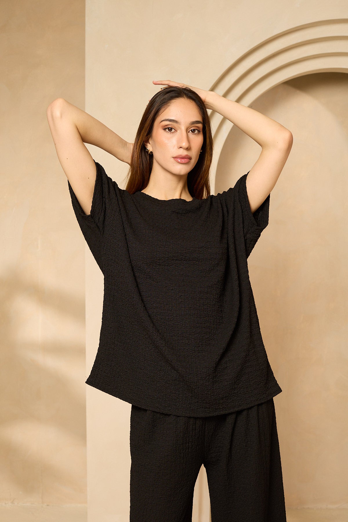 Cheesecloth trouser set with gold button shoulders in Black