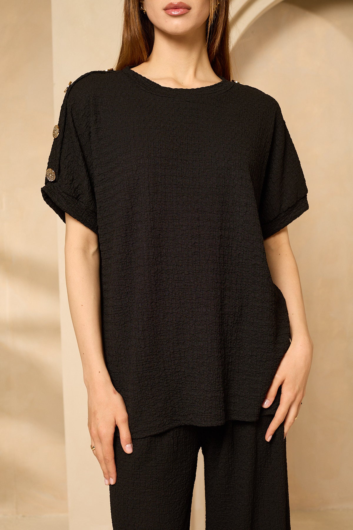 Cheesecloth trouser set with gold button shoulders in Black