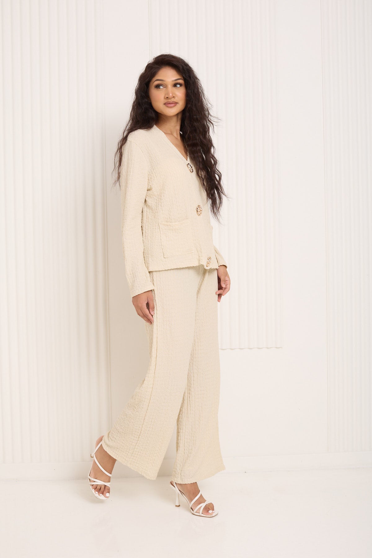 Textured gold button co-ord in Beige