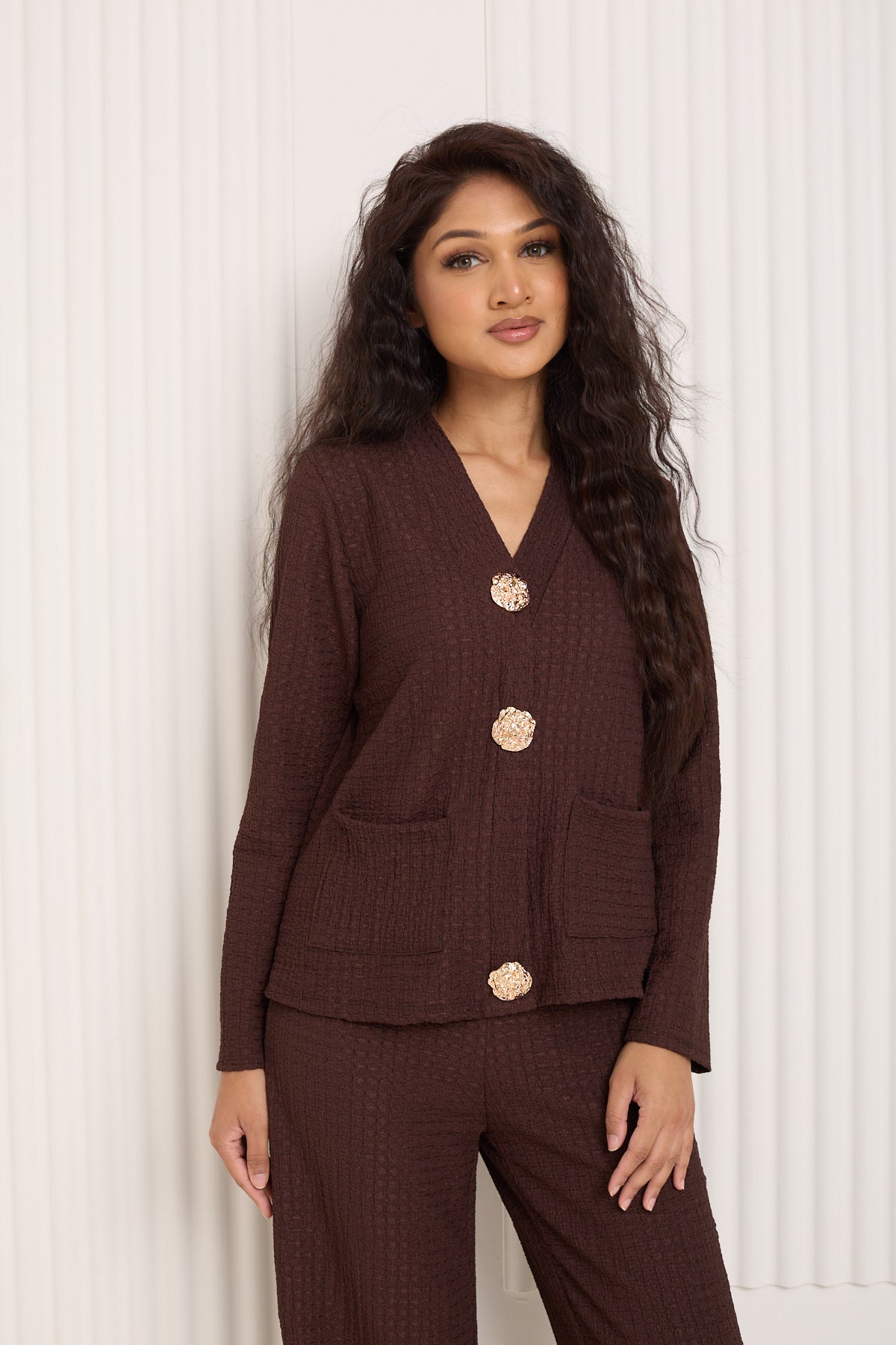 Textured gold button co-ord in Choco