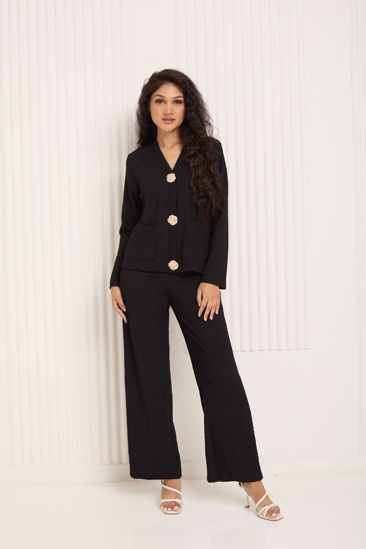 Textured gold button co-ord in Black