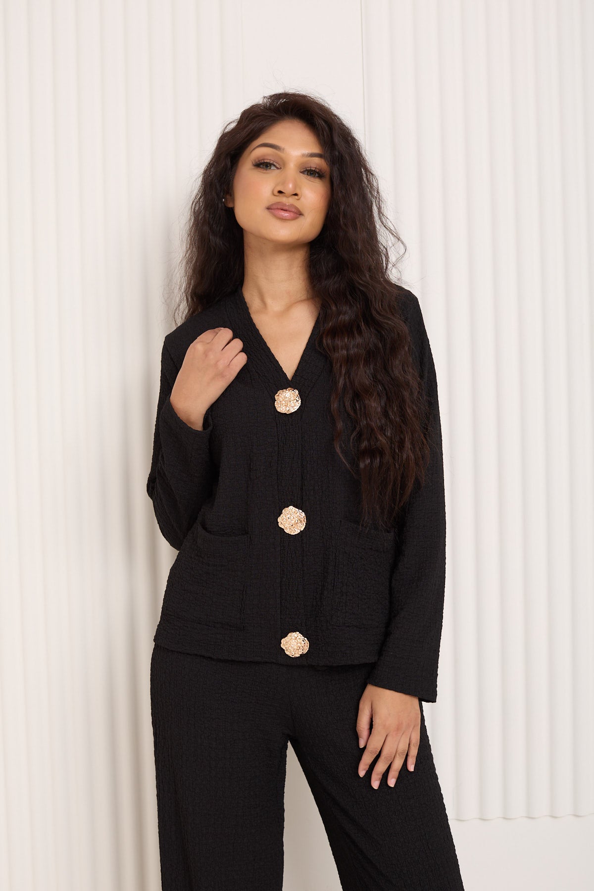 Textured gold button co-ord in Black