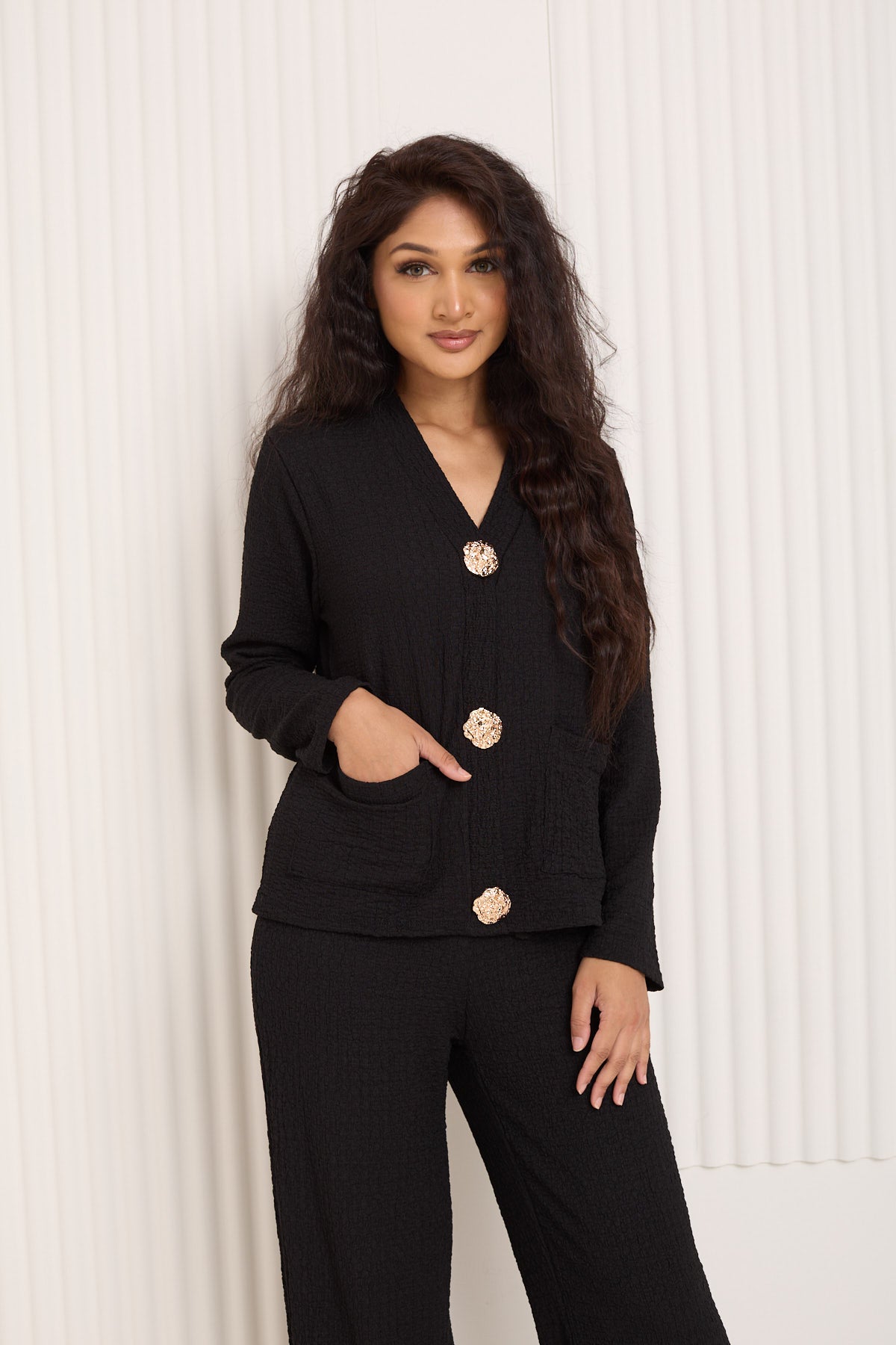 Textured gold button co-ord in Black