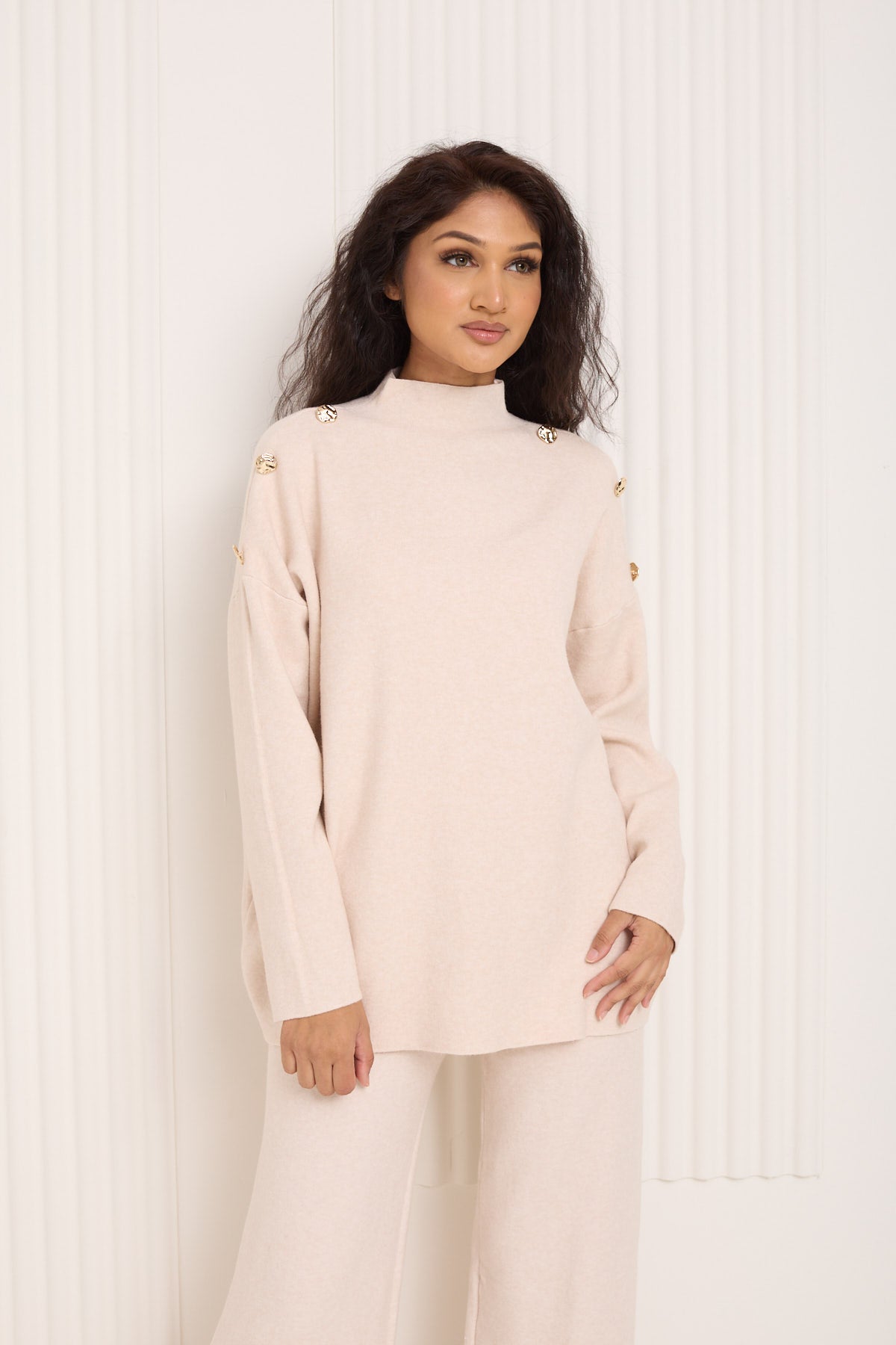 Gold button shoulder detail co-ord in Beige