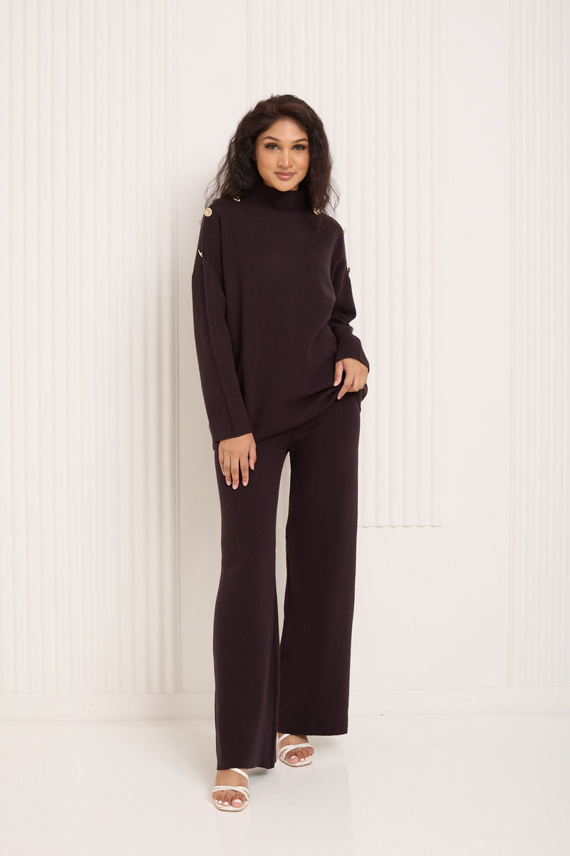 Gold button shoulder detail co-ord in Choco