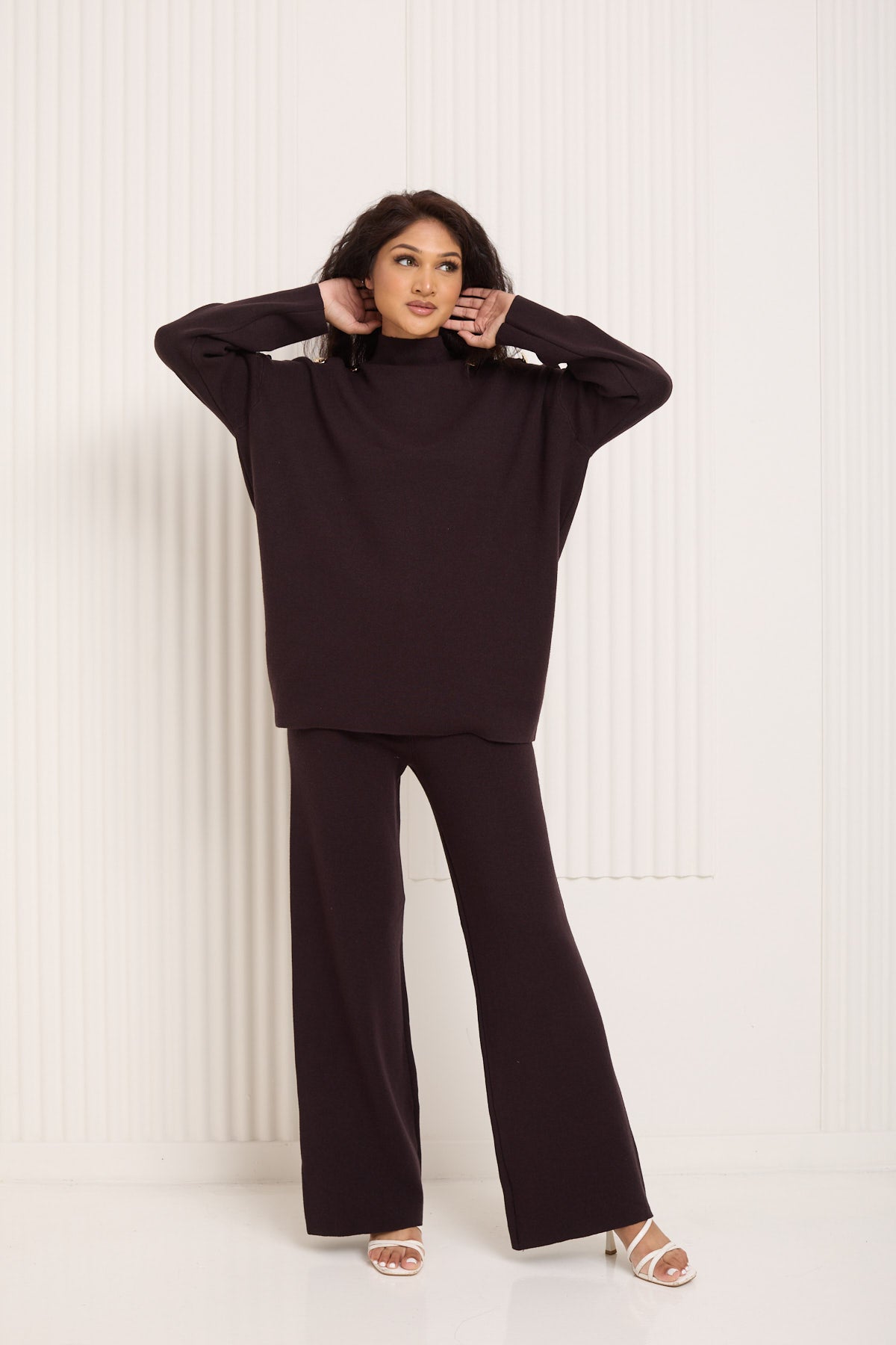 Gold button shoulder detail co-ord in Choco
