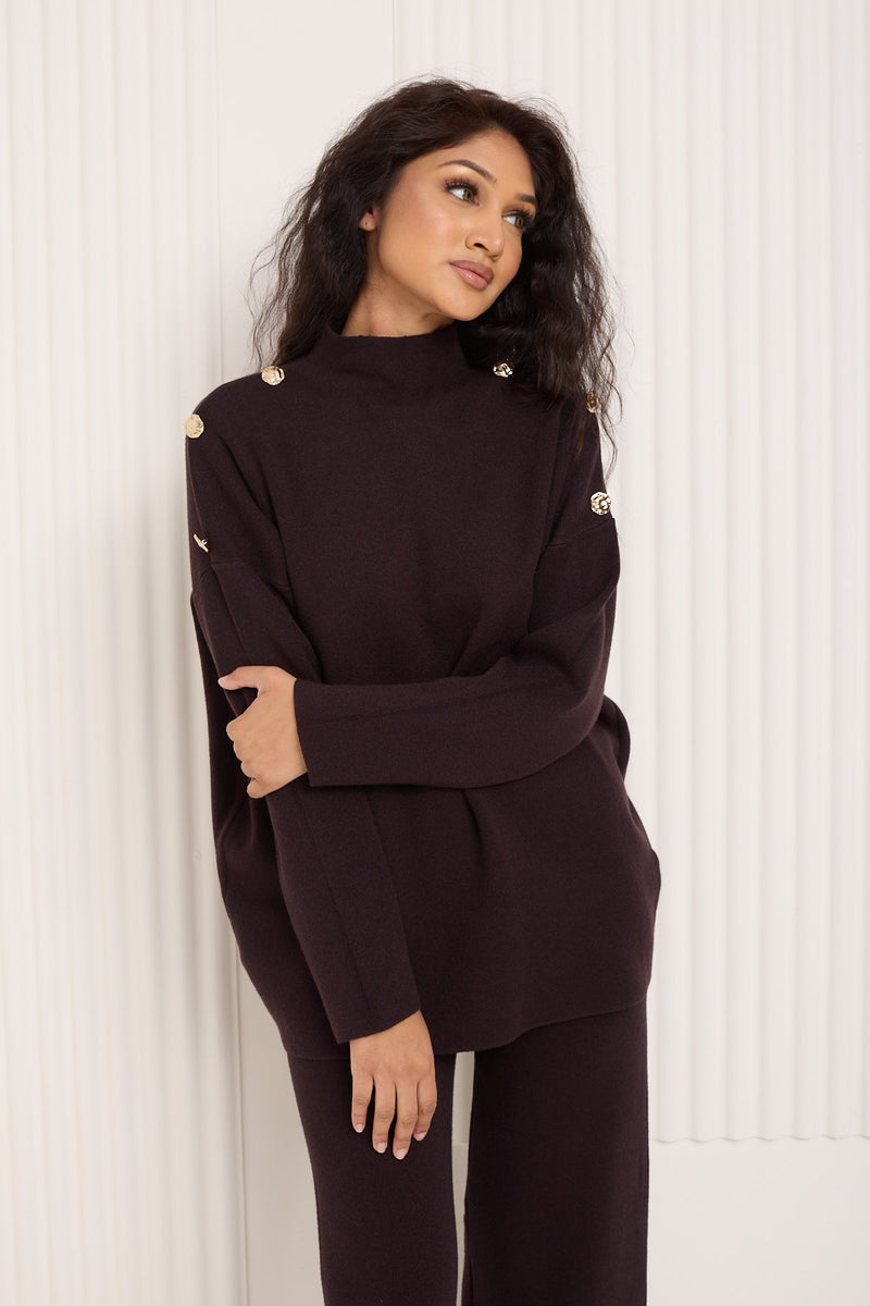 Gold button shoulder detail co-ord in Choco