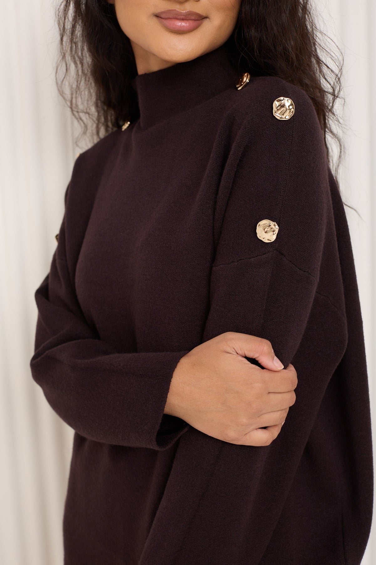 Gold button shoulder detail co-ord in Choco