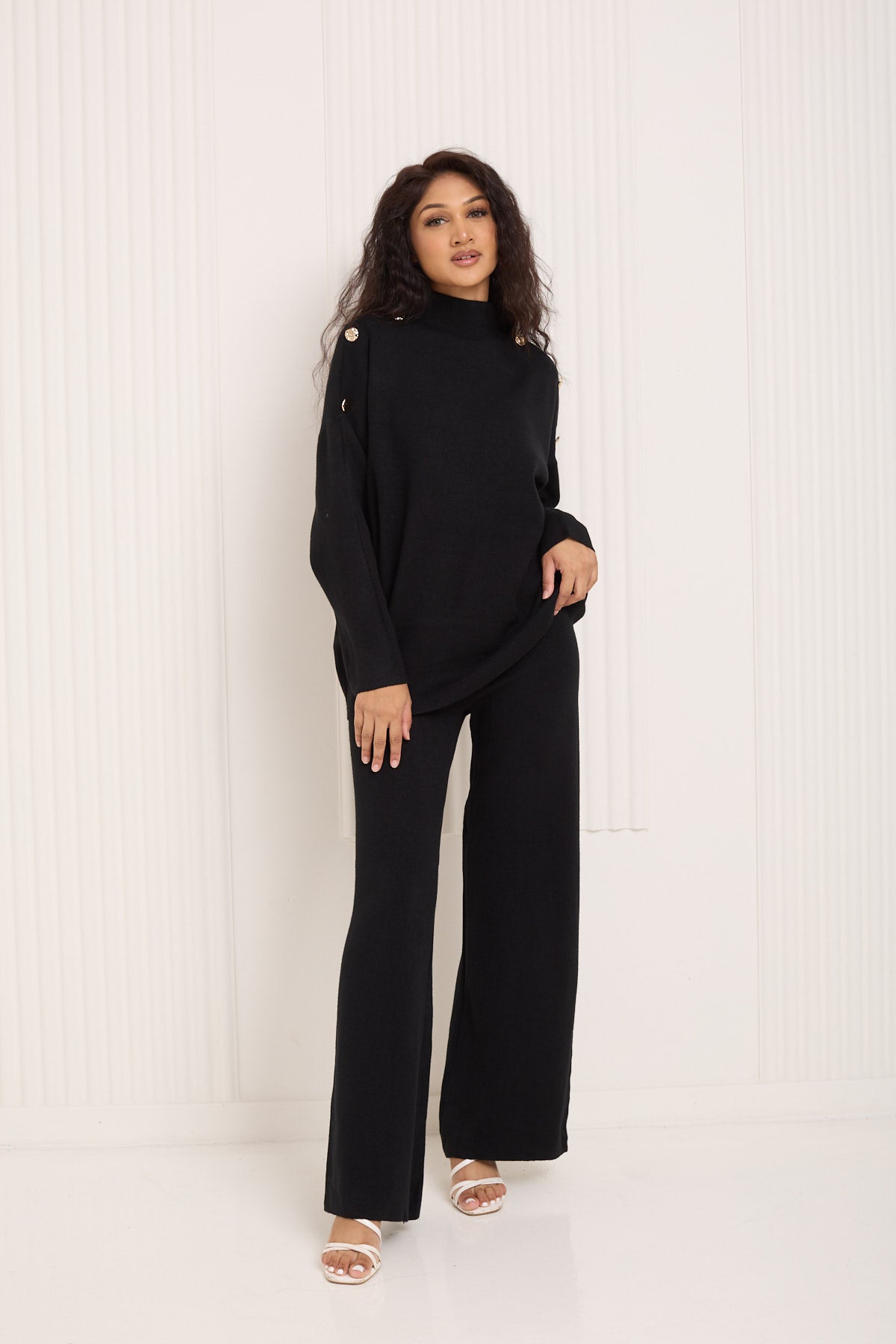 Gold button shoulder detail co-ord in Black