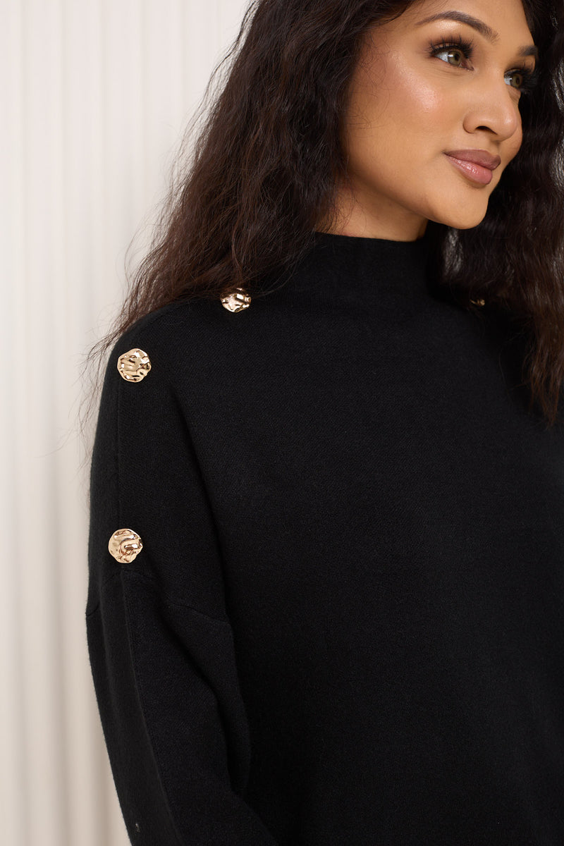 Gold button shoulder detail co-ord in Black
