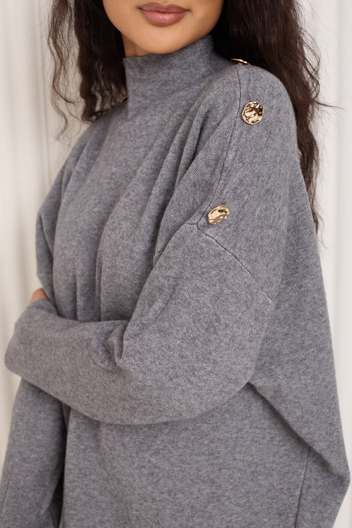Gold button shoulder detail co-ord in Grey
