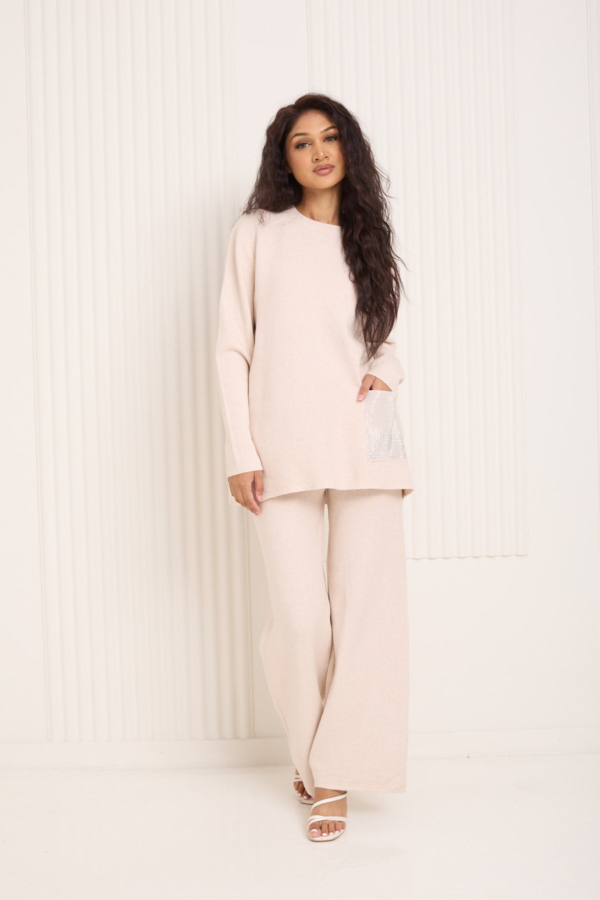 Front pocket sparkle detail co-ord in Beige