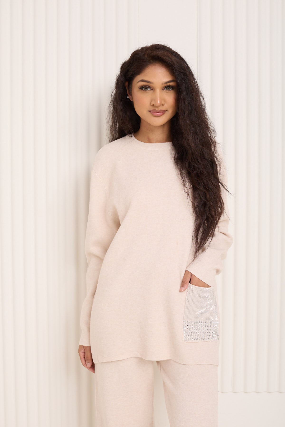 Front pocket sparkle detail co-ord in Beige