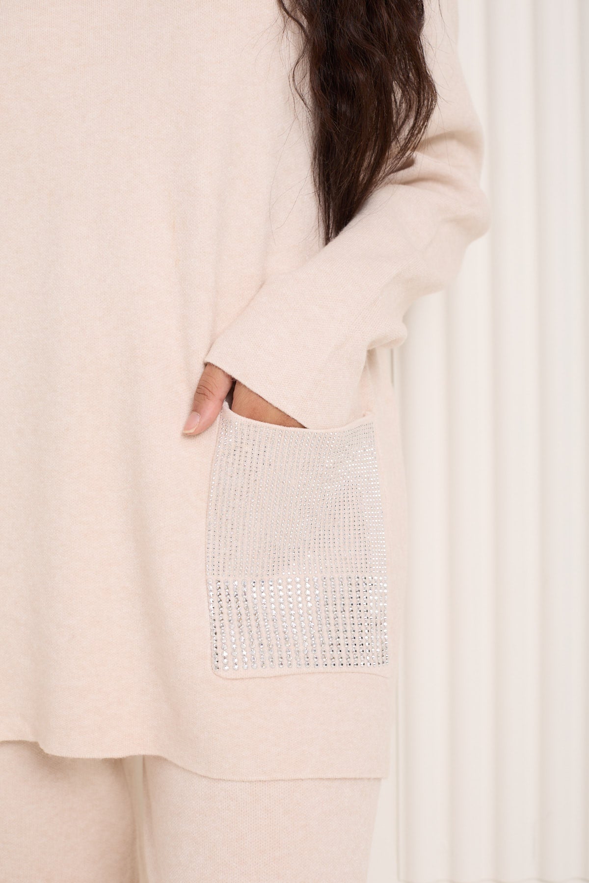 Front pocket sparkle detail co-ord in Beige