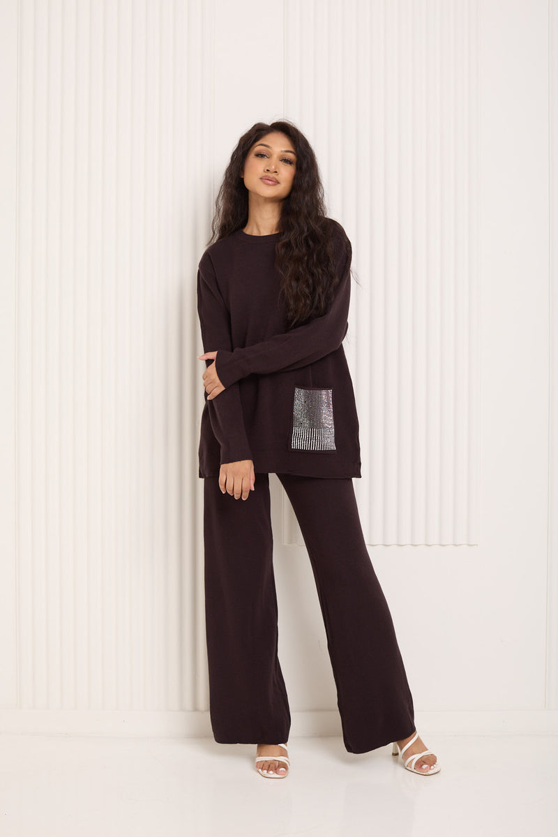 Front pocket sparkle detail co-ord in Choco