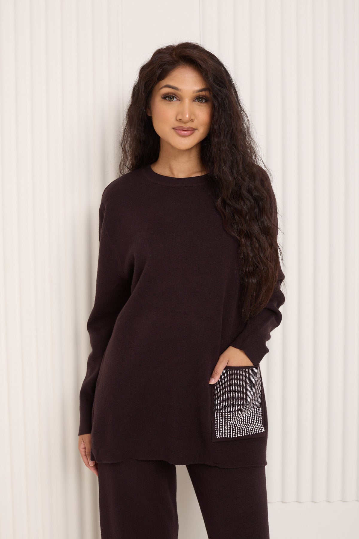 Front pocket sparkle detail co-ord in Choco