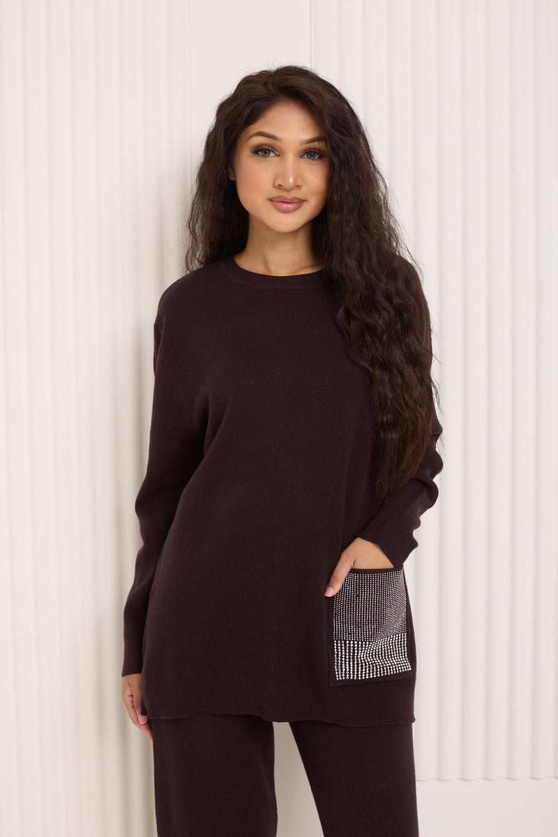 Front pocket sparkle detail co-ord in Choco