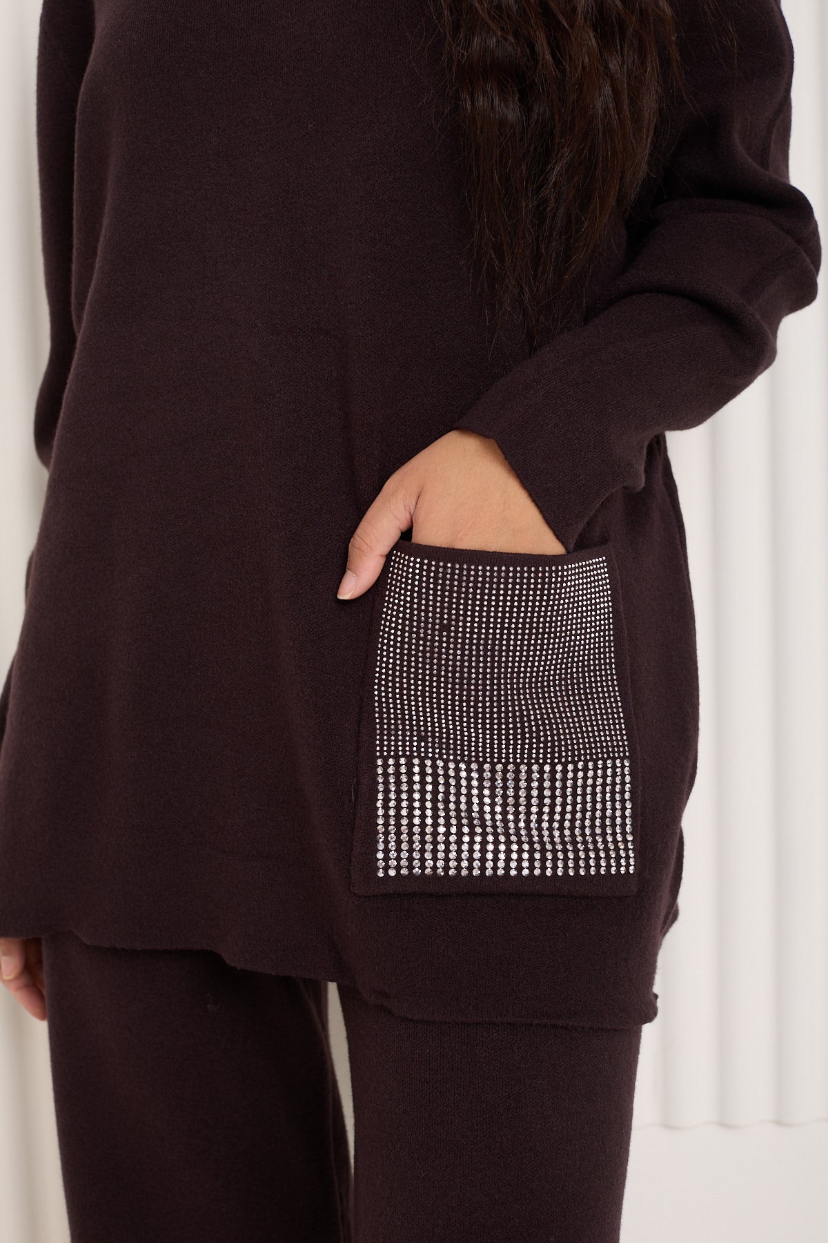 Front pocket sparkle detail co-ord in Choco
