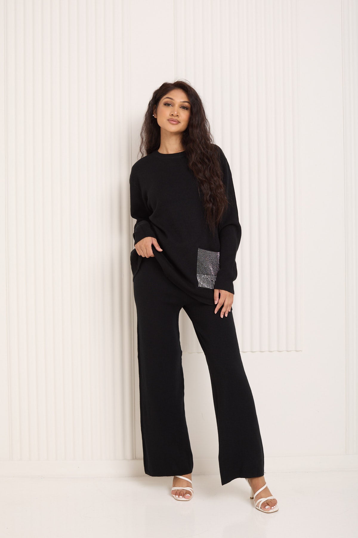 Front pocket sparkle detail co-ord in Black