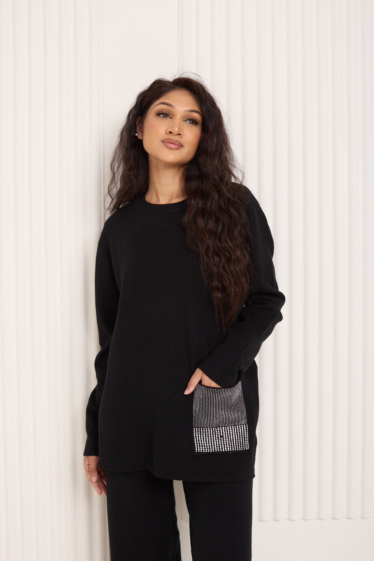 Front pocket sparkle detail co-ord in Black