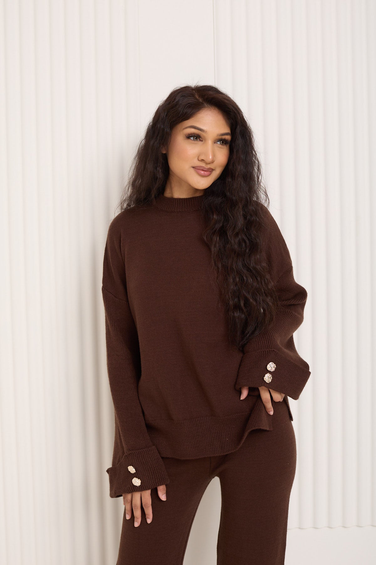 Knitted co-ord with gold button detail in Choco