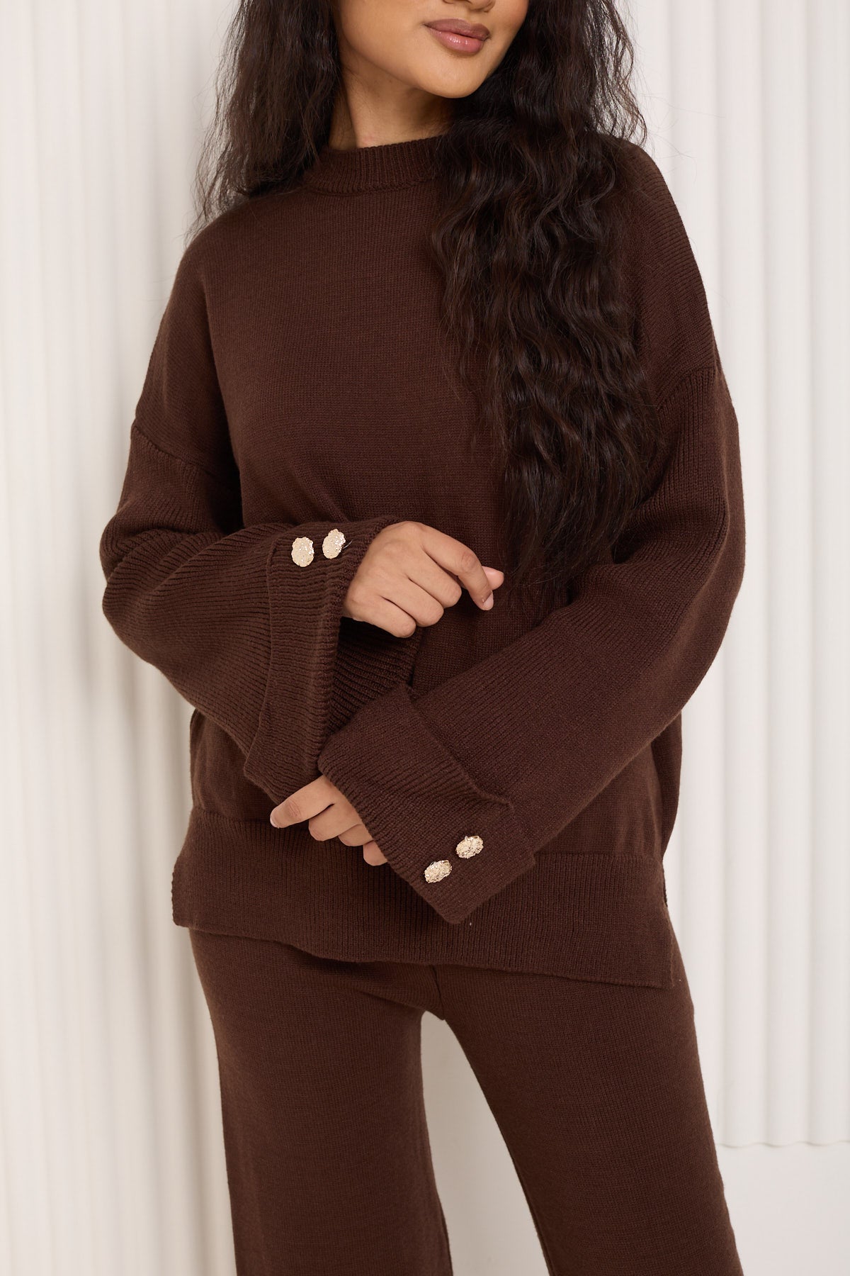Knitted co-ord with gold button detail in Choco