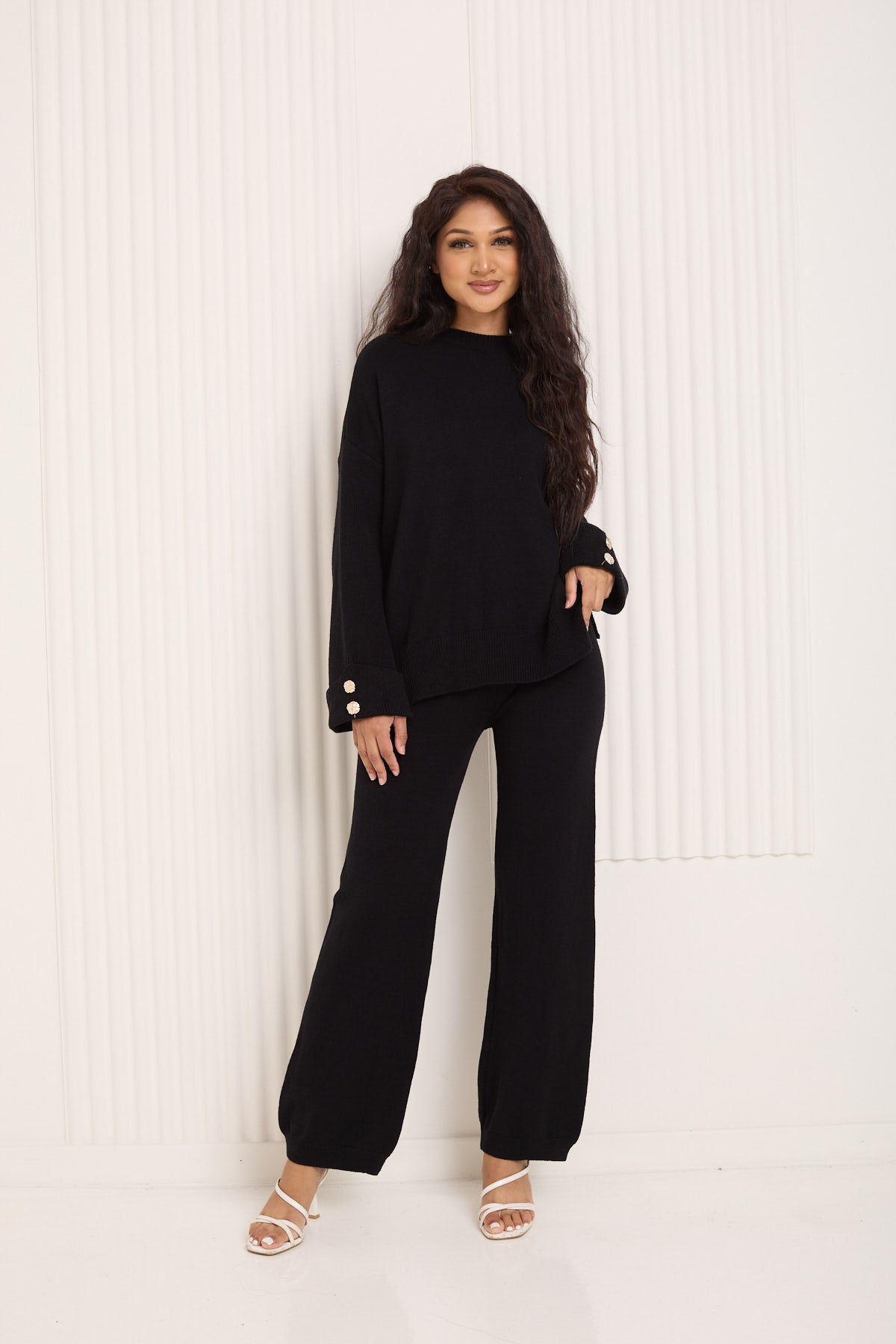 Knitted co-ord with gold button detail in Black