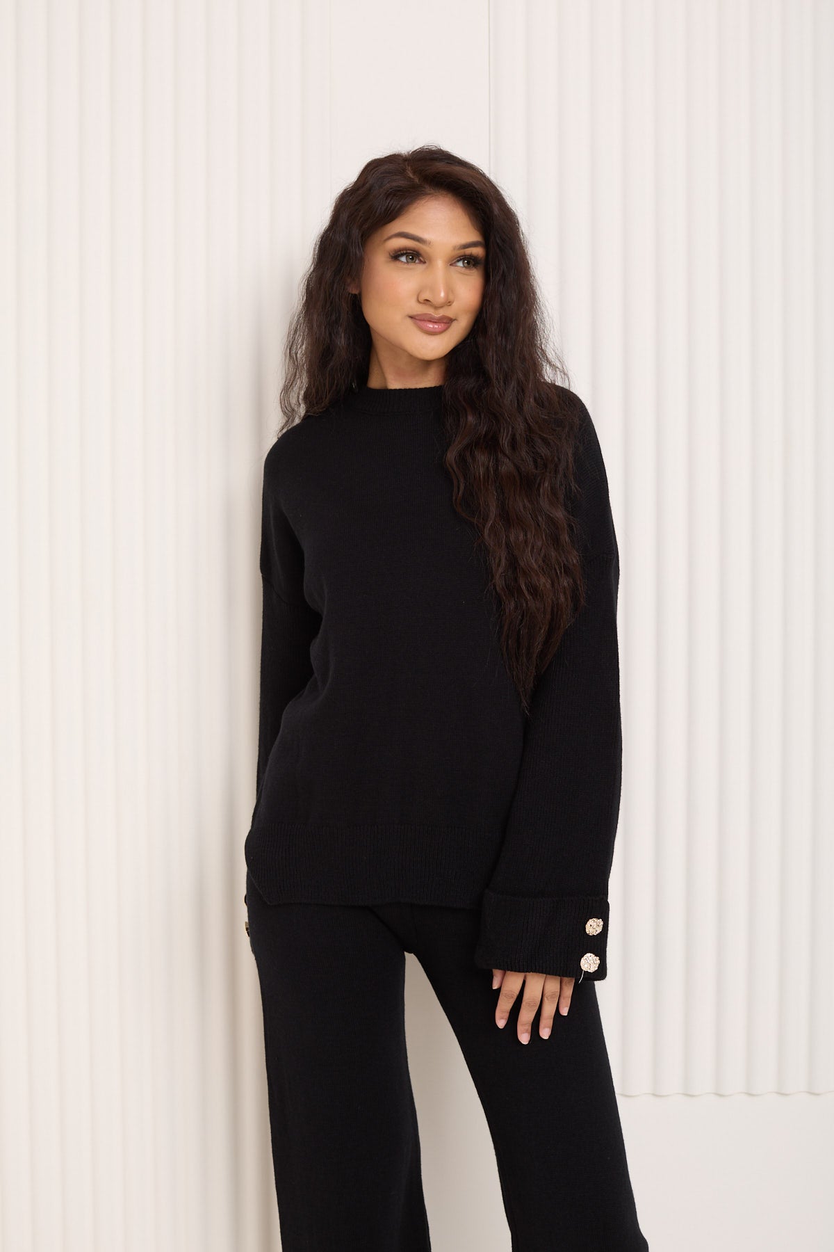 Knitted co-ord with gold button detail in Black