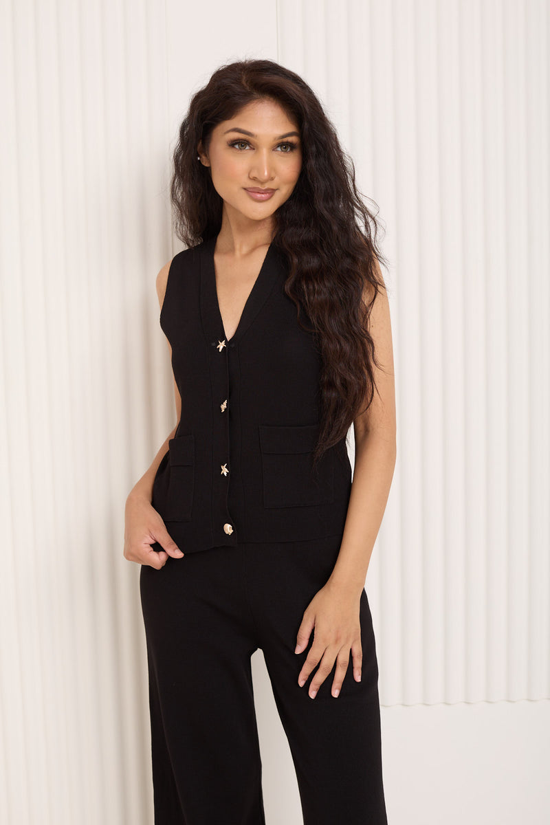Vest shell button detail co-ord in Black