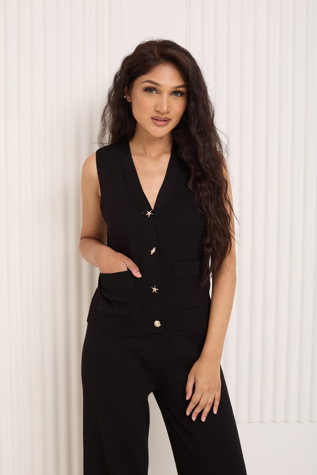 Vest shell button detail co-ord in Black
