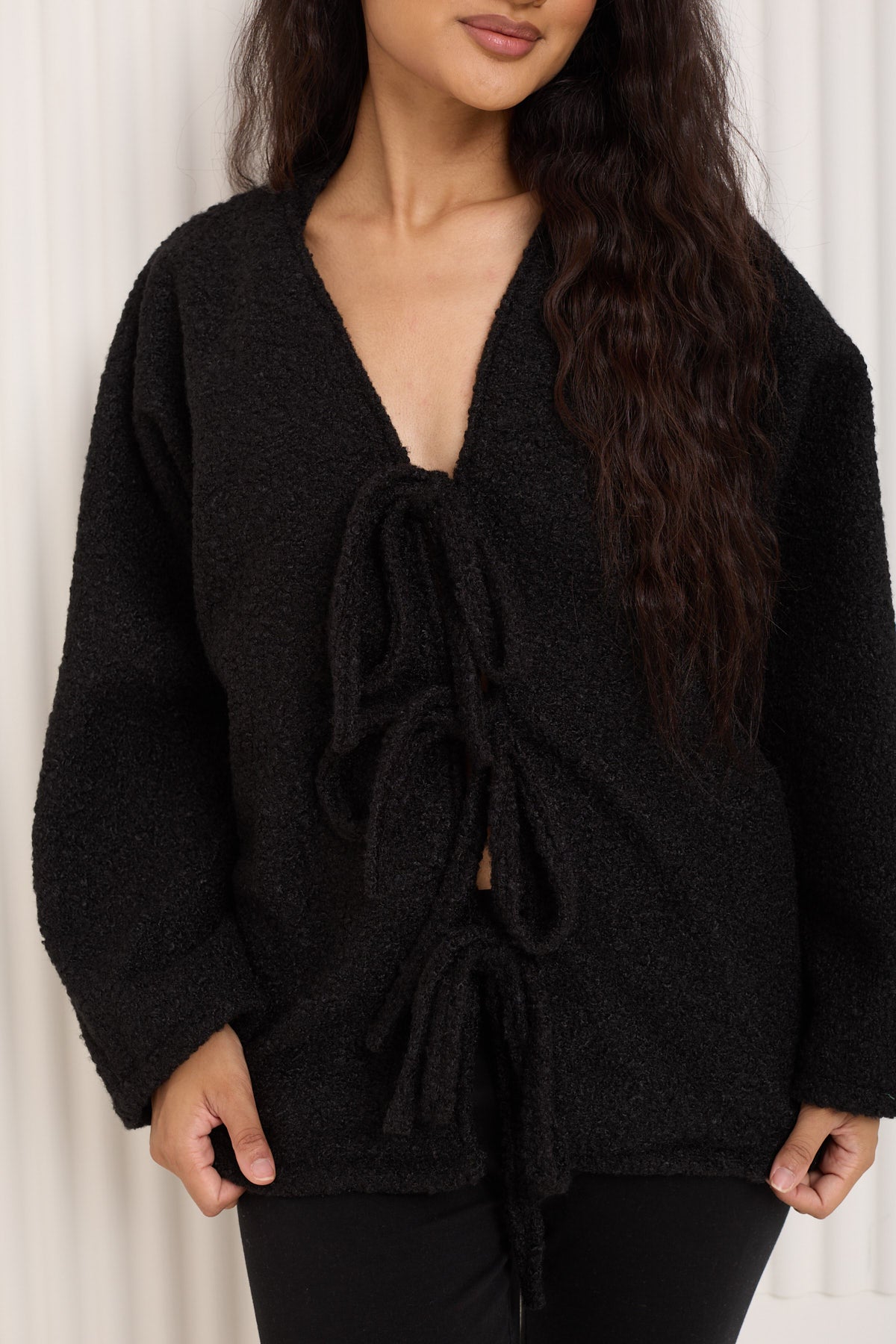 Teddy front knot cardigan top in Black